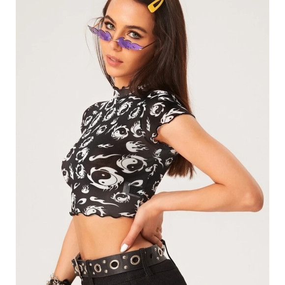 Y2K 90s Yin Yang Flames Black Mesh T Shirt Short Sleeve Super Cool XS-XL Avail - Picture 4 of 8